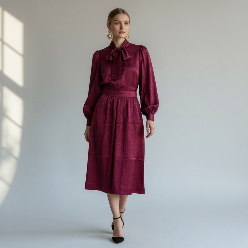 SET of 100% Silk Blouse & Skirt Plum Jacquard High Neck Puff Sleeve Victorian